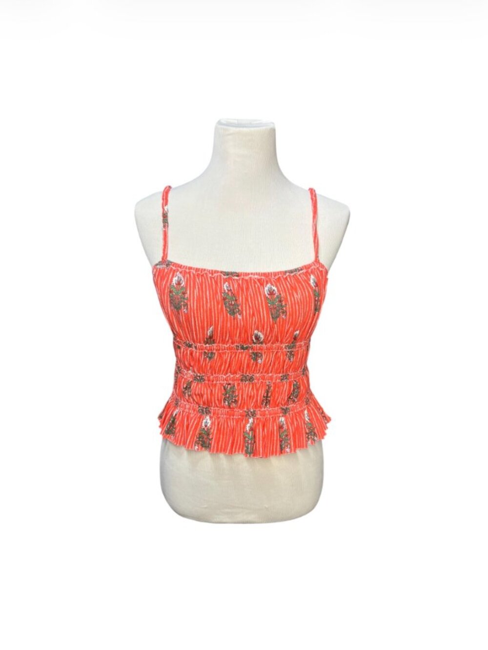 We The Free Coral Floral Striped Smocked Peplum Cami Crop Top Womens Small
